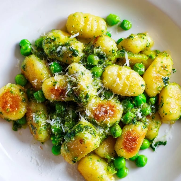 Weeknight dinner plate of Pesto Pea Gnocchi Skillet garnished with fresh basil and lemon.