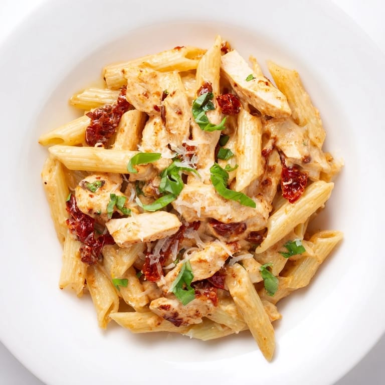 Close-up of Creamy Sun-Dried Tomato Chicken Pasta featuring al dente penne, succulent chicken, and sun-dried tomatoes in a creamy sauce.