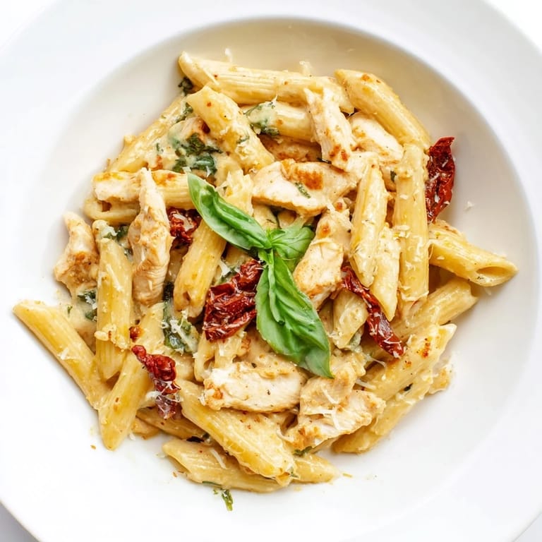 Hearty bowl of Creamy Sun-Dried Tomato Chicken Pasta, rich garlic cream sauce coating penne, ready for a cozy dinner.  