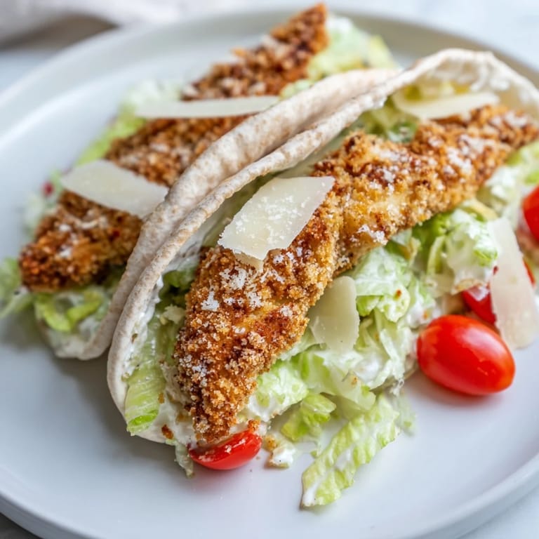 A close-up of Crispy Chicken Caesar Pita, showing golden chicken and rich dressing drizzled over fresh greens inside soft pita.