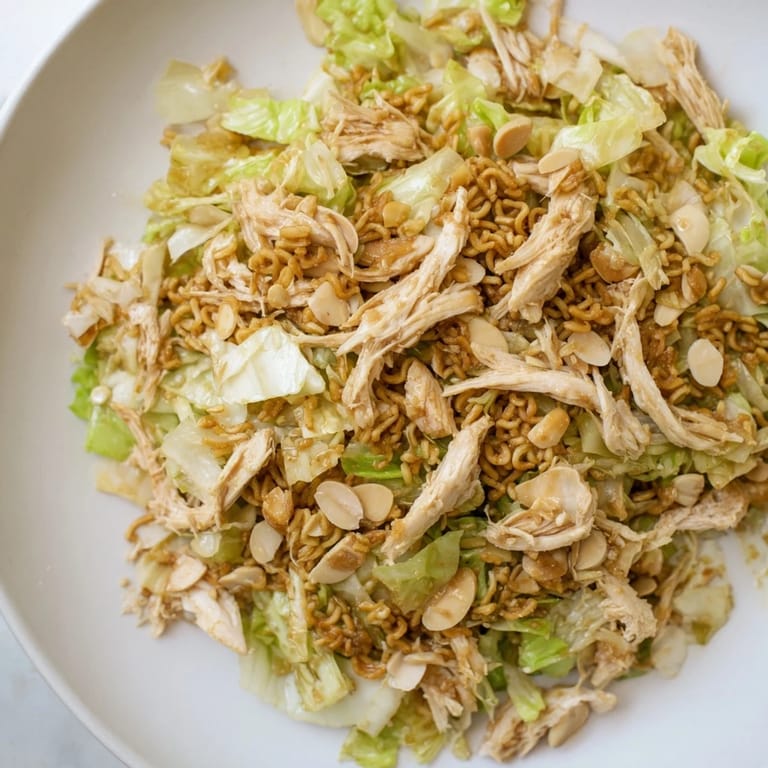 Colorful American-Asian fusion ramen chicken salad with tender chicken, fresh cilantro, and a glossy sesame vinaigrette.