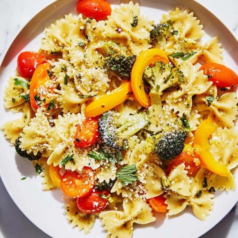 A steaming bowl of rainbow veggie pasta primavera topped with fresh basil and grated Parmesan, served alongside crusty bread.  