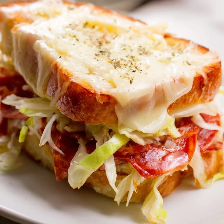 Two halves of a toasted Italian Sub Grilled Cheese reveal stacked salami and pepperoni beside crisp kettle chips and fresh tomato salad.