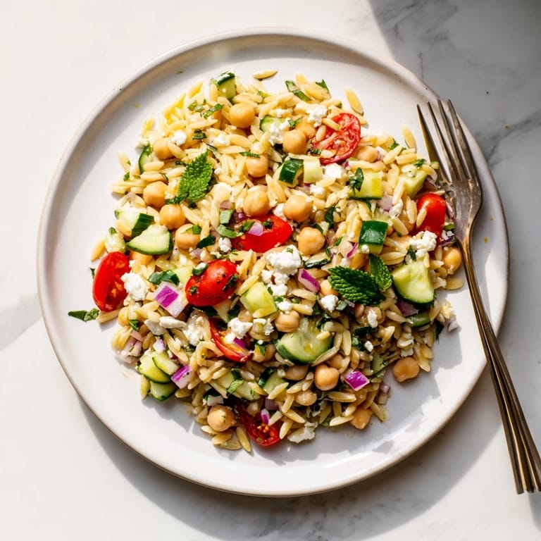 Colorful Mediterranean-style Lemony Chickpea Orzo Salad topped with crumbled feta, fresh parsley, and mint, served ready for a summer potluck or picnic.