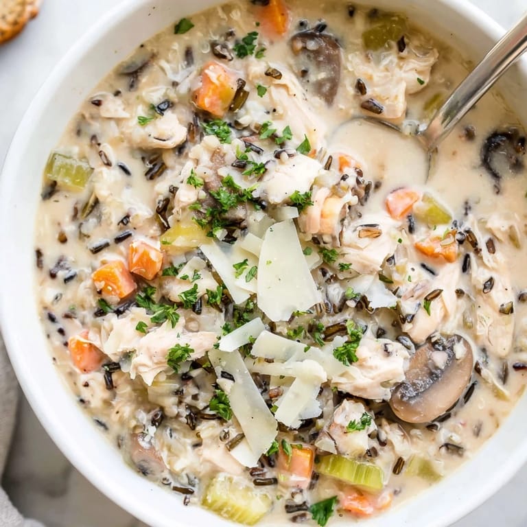 Close-up of tender chicken, mushrooms, and wild rice in rich Parmesan Mushroom Chicken and Wild Rice Soup.