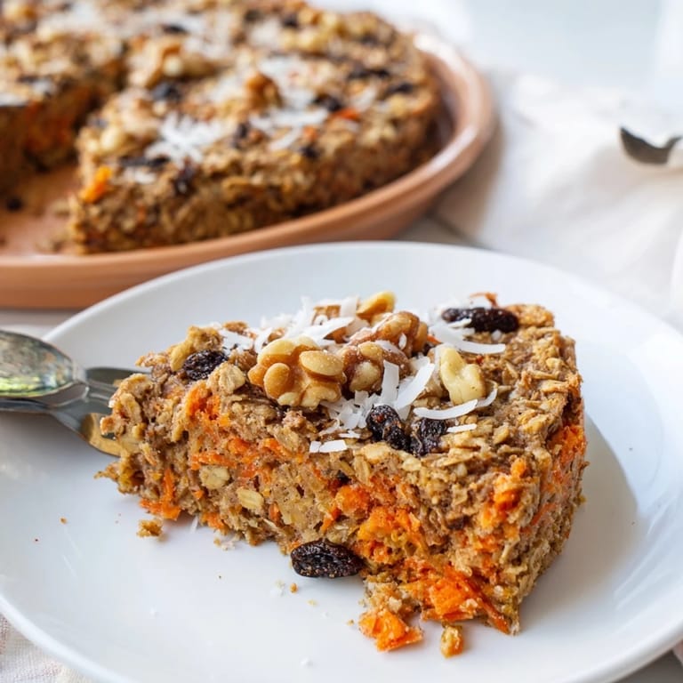 Healthy Carrot Cake Baked Oatmeal served as squares, revealing raisins and warm cinnamon spice in every hearty bite.