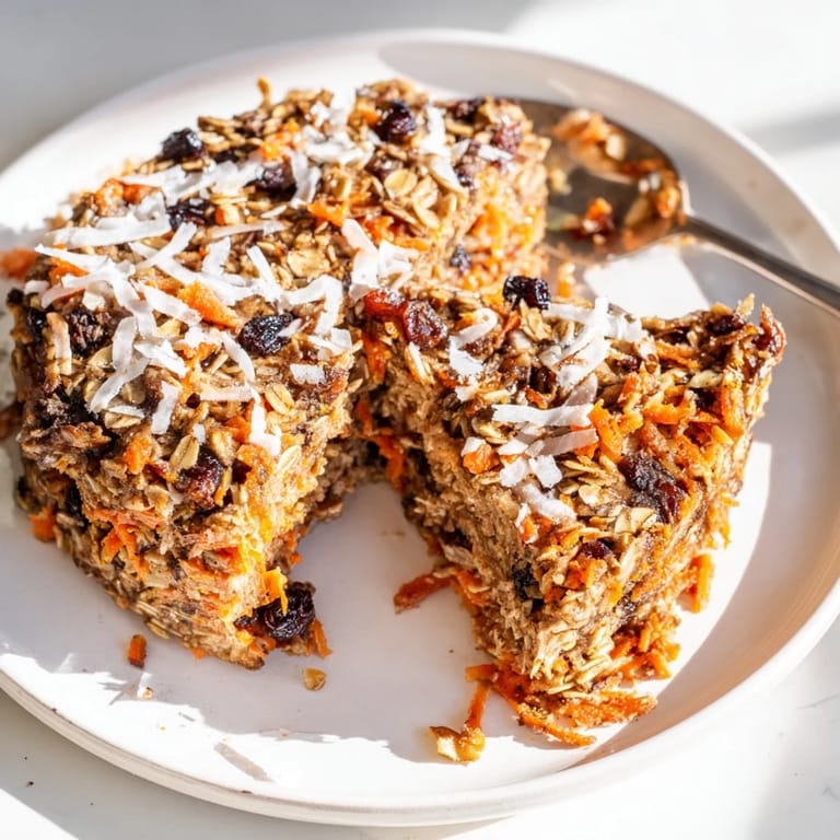Golden-brown Carrot Cake Baked Oatmeal fresh from the oven, garnished with a drizzle of maple syrup and creamy Greek yogurt.  