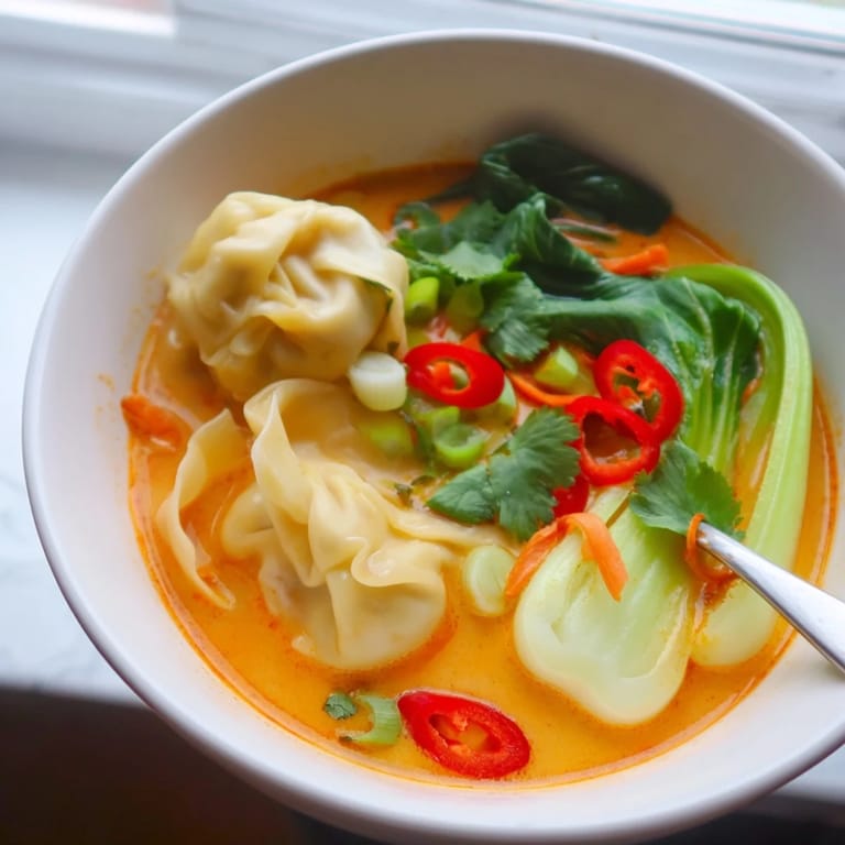 Close-up of Red Curry Wonton Soup with hearty greens and shredded carrots, highlighting the rich, aromatic broth and tender wontons.