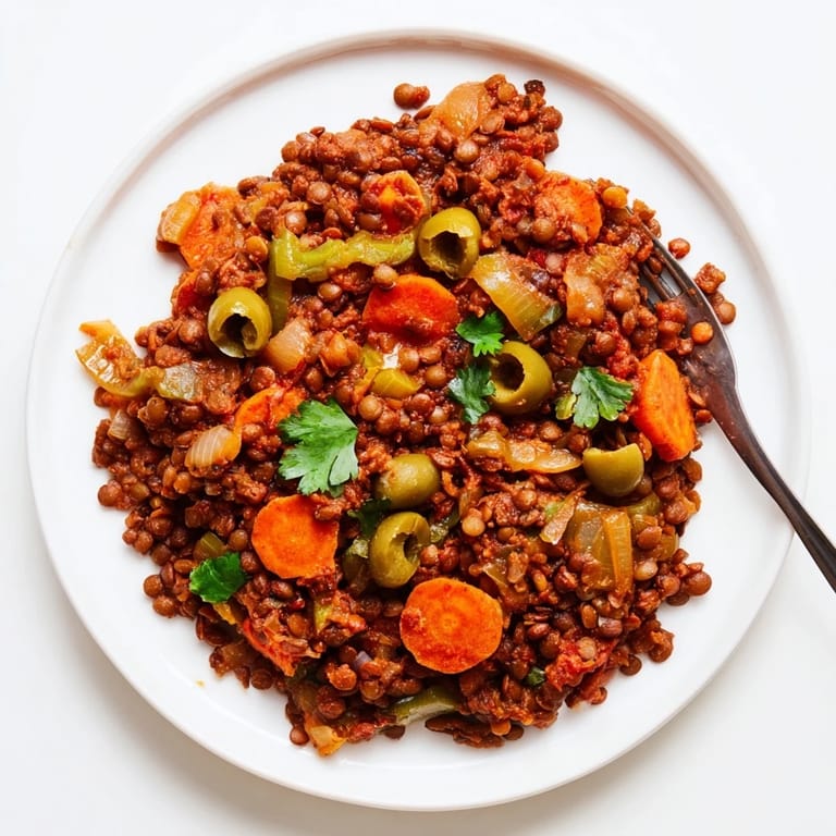 Close-up of Cuban-Inspired Lentil Picadillo in a skillet, highlighting the savory lentils, briny olives, and plump raisins.