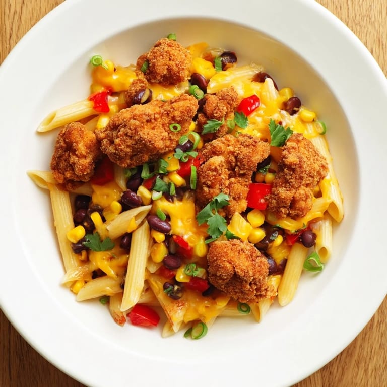 A close-up view shows a forkful of Crispy Chicken Burrito Pasta, highlighting the juicy chicken and creamy, cheesy sauce clinging to the pasta.