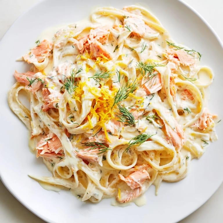 This easy, creamy salmon pasta features silky sauce, lemon zest, and fresh herbs served warm in a skillet.