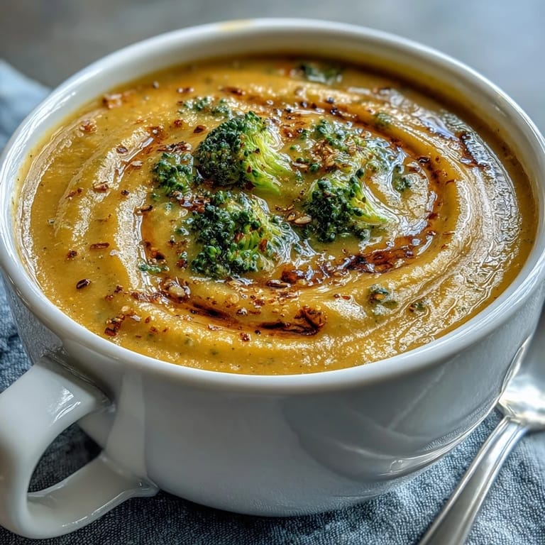 Close-up on a spoon dipping into rich Butternut Squash Broccoli Cheddar Soup with crusty bread.