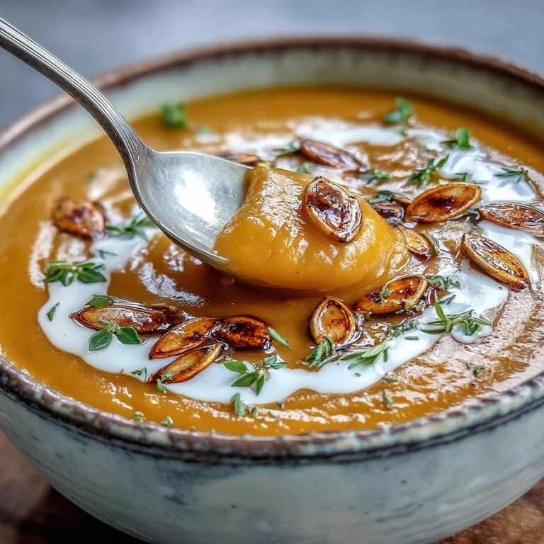 Steaming bowl of velvety Easy Roasted Butternut Squash Soup served on a cozy wooden table, paired with crusty artisan bread for dipping.
