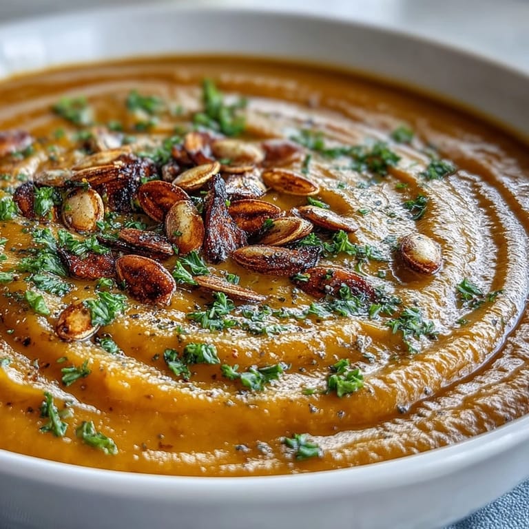 Steaming bowl of golden roasted broccoli and butternut squash soup with a rustic spoon nearby.