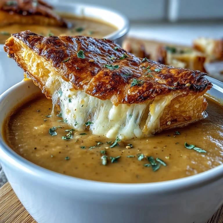 Close-up of Creamy Broccoli and Butternut Squash Soup With Pastries topped with fresh thyme and a drizzle of cream.