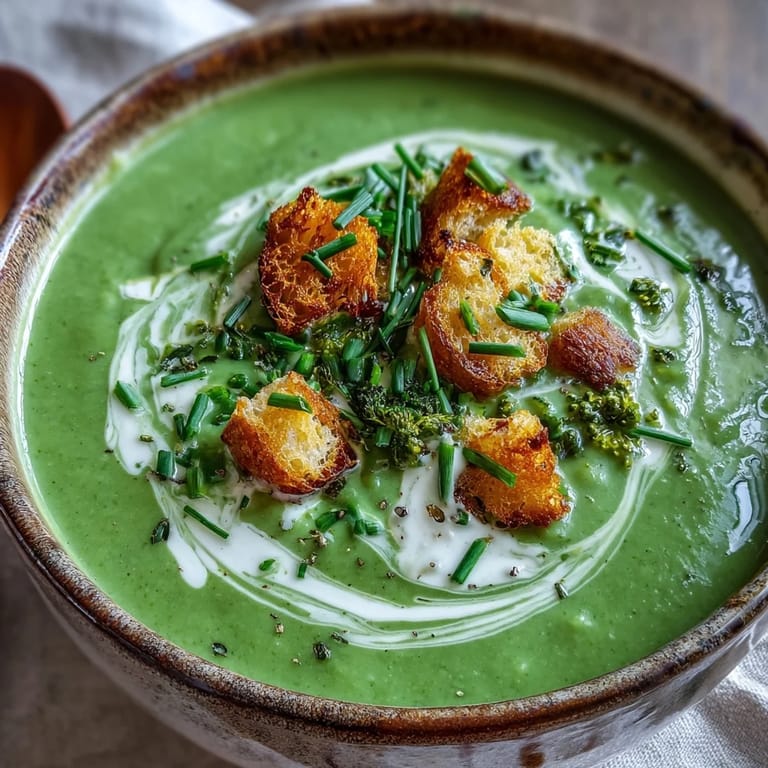 Steaming hot Cream of Broccoli Soup served with crusty bread on a cozy kitchen table.