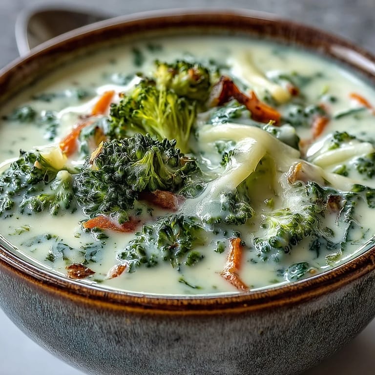 Thick and creamy Broccoli Cheddar Soup served hot in a rustic ceramic bowl with a side of crusty bread.