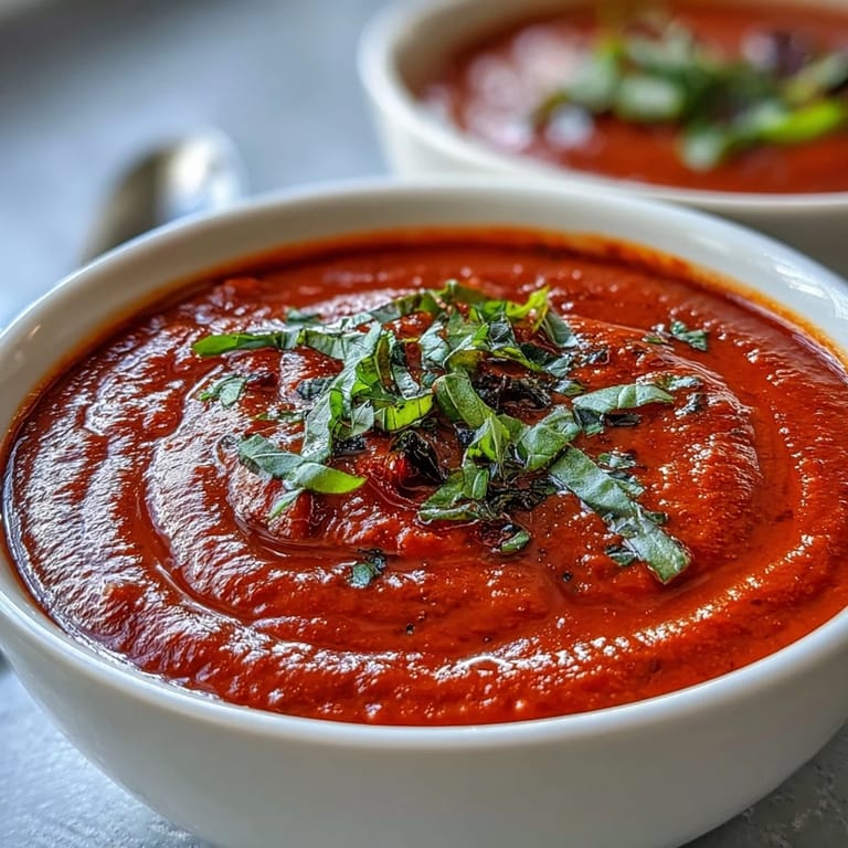 Savory Roasted Tomato Basil Soup in a white bowl, drizzled with cream and topped with basil, ready for dipping bread.