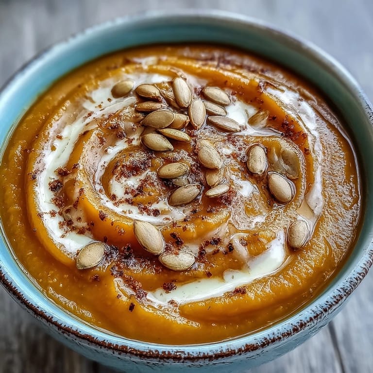 Close-up of velvety Butternut Squash and Apple Soup topped with toasted pumpkin seeds and a cream swirl.