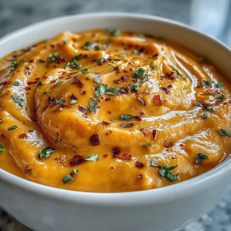 Creamy Butternut Squash Broccoli Cheddar Soup topped with roasted broccoli florets and sharp cheddar.