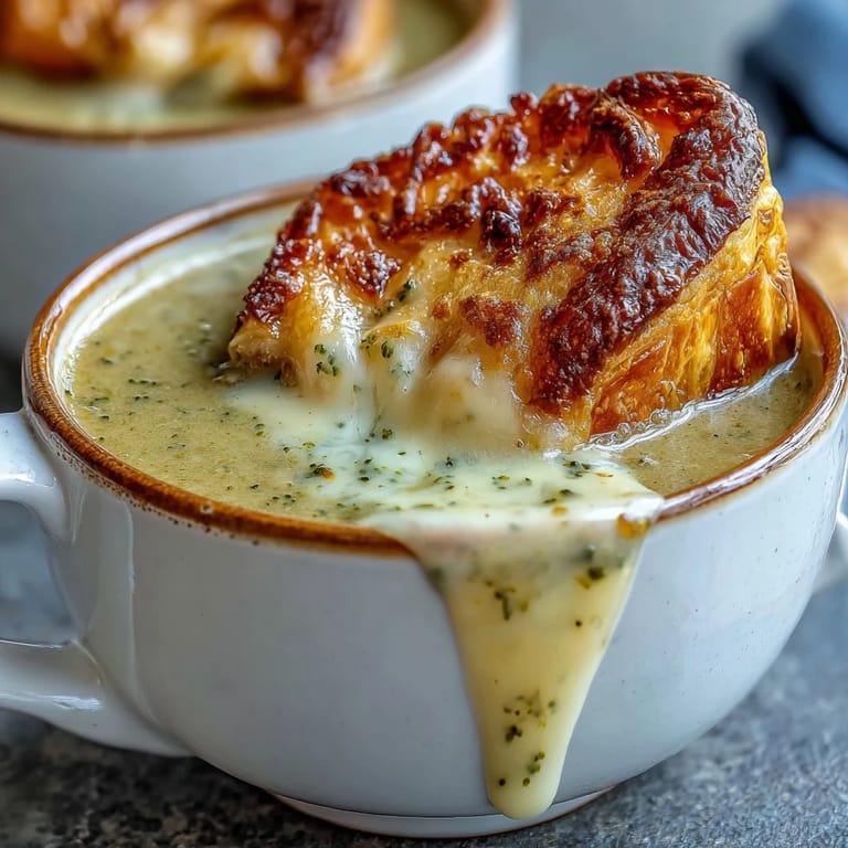 Golden flaky pastry filled with melted brie and cheddar cheese sits beside the bright orange, smooth soup.