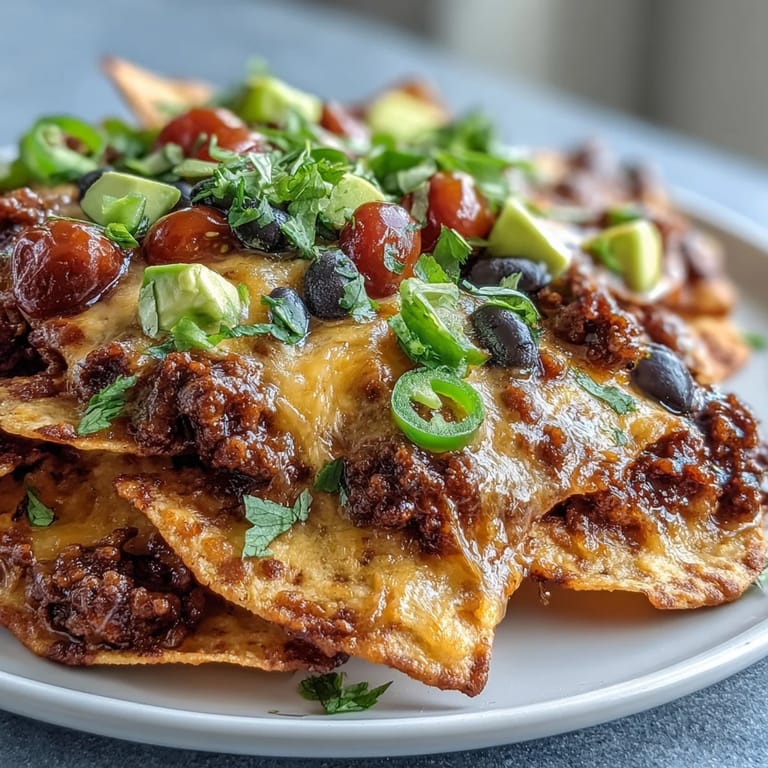 Platter of freshly baked Tex-Mex nachos loaded with seasoned beef, avocado, sour cream, and a vibrant salsa garnish.