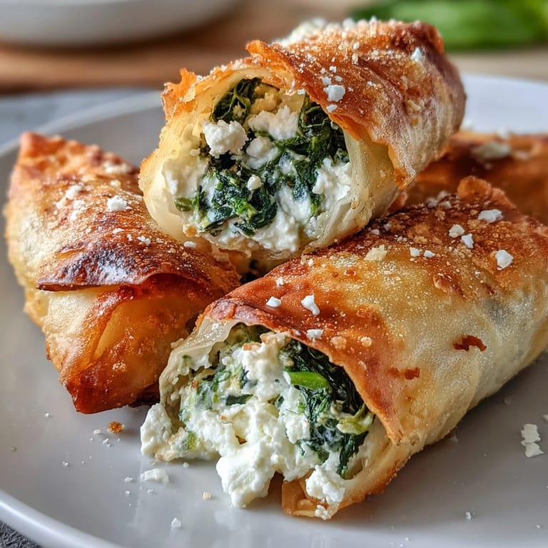 Golden, crispy Spanakopita Spring Rolls arranged on a white plate, revealing a vibrant spinach and feta filling inside.