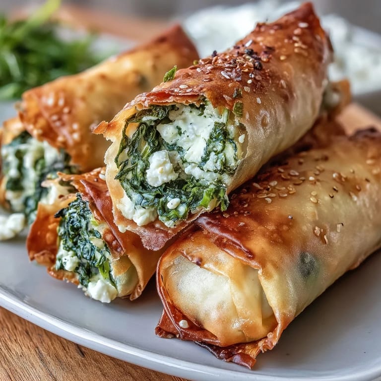 A close-up of freshly fried Spanakopita Spring Rolls, steam rising from the flaky, golden exterior with Mediterranean herbs.