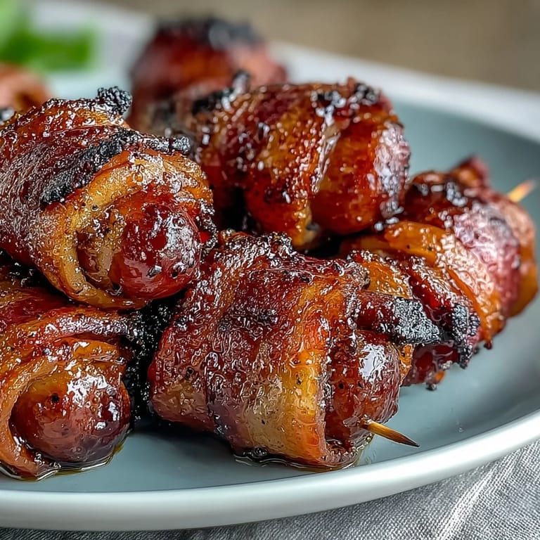 Savory Bacon-Wrapped Smokies with smoky bacon and a sticky glaze, perfect for game day snacks.