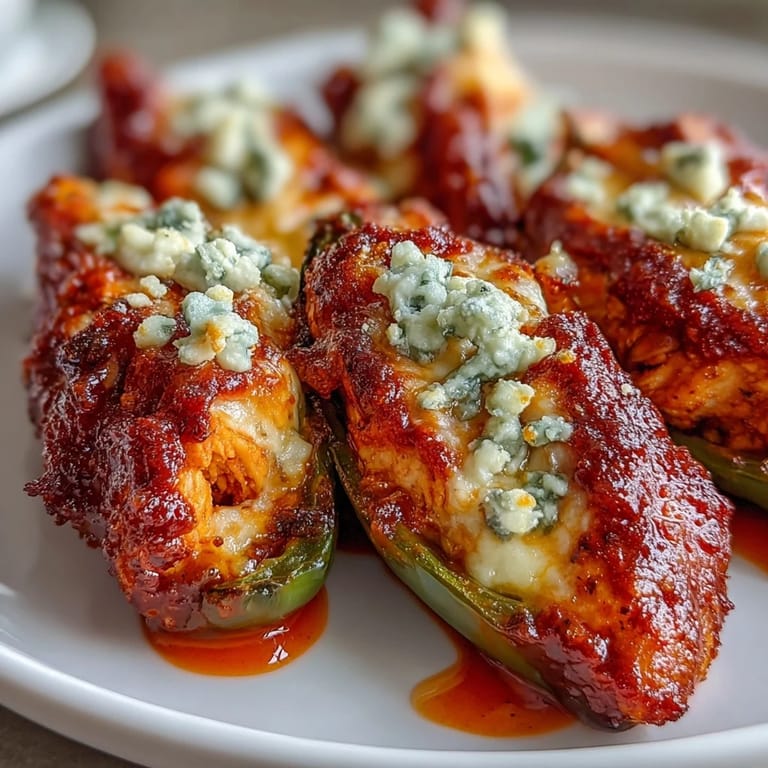 Four bubbling Buffalo Wing Poppers arranged on a platter with fresh chives and blue cheese crumbles for garnish.