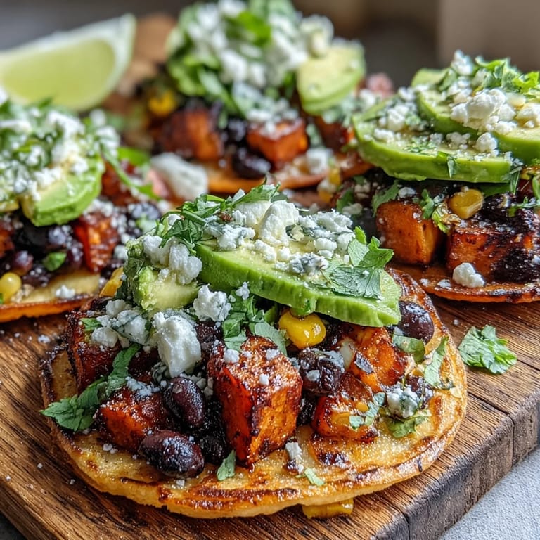 Roasted sweet potatoes and lime-seasoned black beans piled high on crisp corn tostada shells, ready to eat.