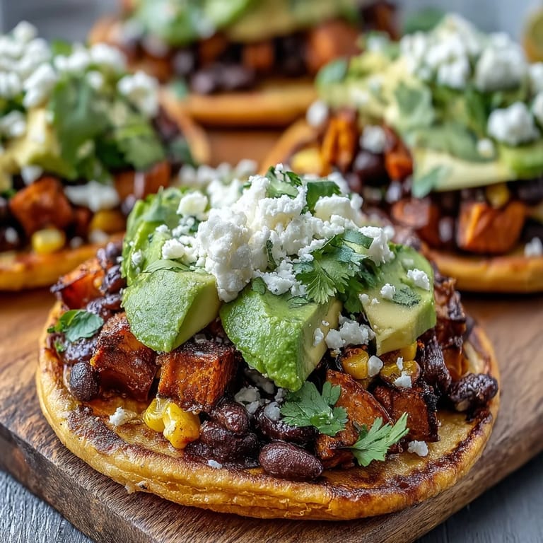 Vibrant vegetarian Black Bean and Sweet Potato Tostadas served with fresh cilantro and hot sauce on the side.