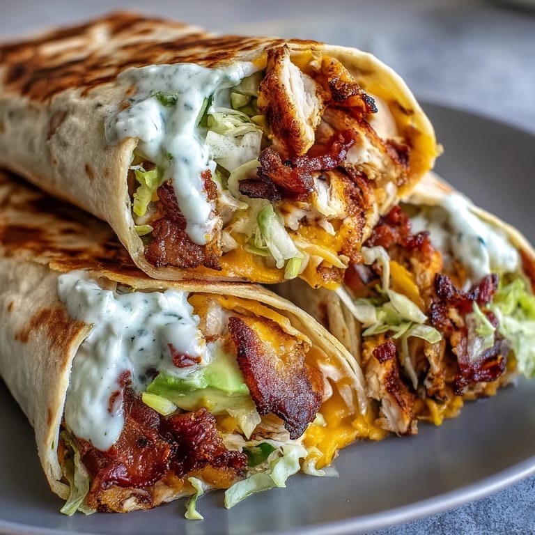 Golden-brown Crispy Chicken Bacon Wrap sliced on a diagonal, revealing layers of bacon, cheddar, lettuce, tomato, and avocado.