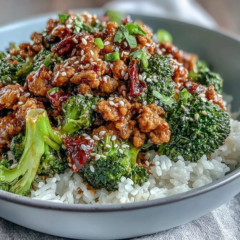 A wooden bowl filled with Sweet and Spicy Turkey Broccoli Bowls, garnished with green onions and sesame seeds beside chopsticks.