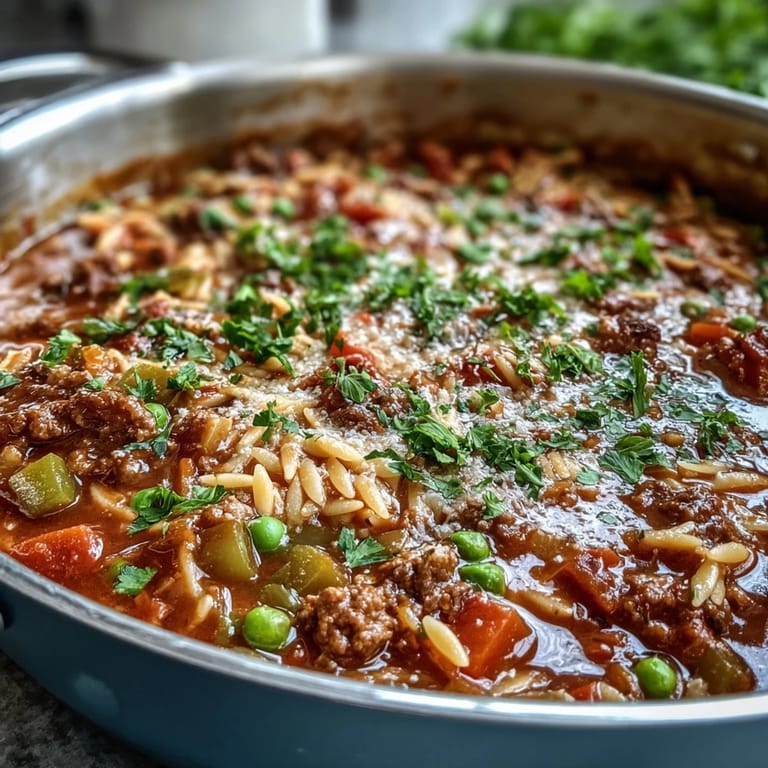 Serve the Comforting Ground Beef Orzo Dinner in a bowl, with a spoon ready for a weeknight meal.