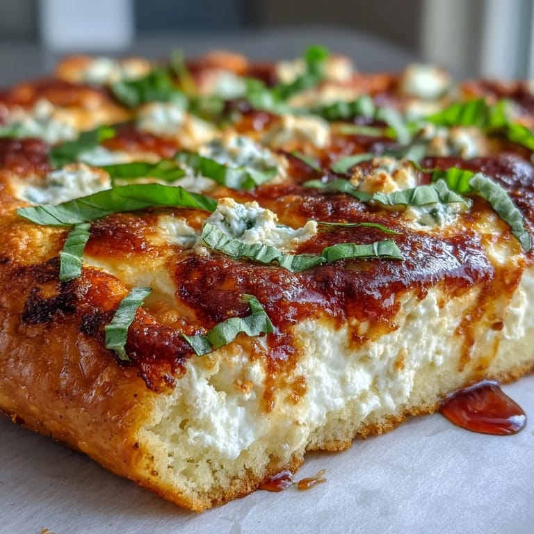 Close-up of Hot Honey Ricotta Pizza drizzled with spicy honey and garnished with vibrant basil leaves.