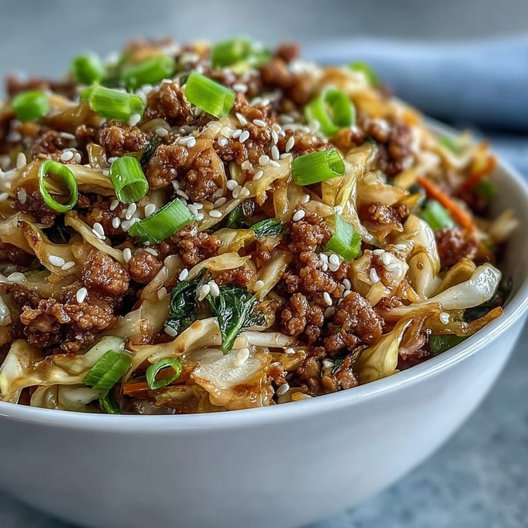 Hearty skillet meal topped with green onions and sesame seeds, served steaming hot in a bowl for an easy low-carb dinner. 
