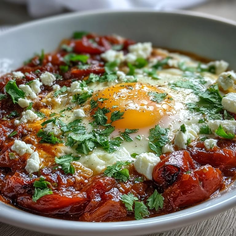 Easy Shakshuka Bowl simmered with cumin and paprika, garnished with crumbled feta for dinner.