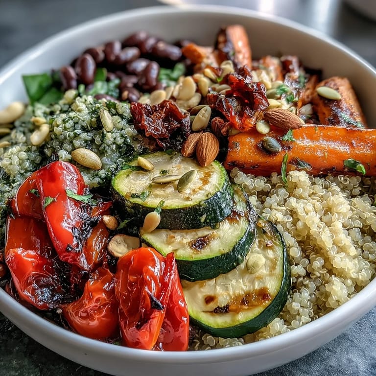 An overhead view of the Veggie and Quinoa Power Bowl featuring black beans and a drizzle of lemon dressing.