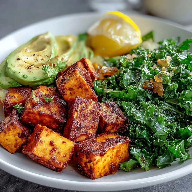 A vibrant Tofu Breakfast Bowl with spiced tofu, bright green kale, and sliced avocado served beside a fresh lemon wedge.