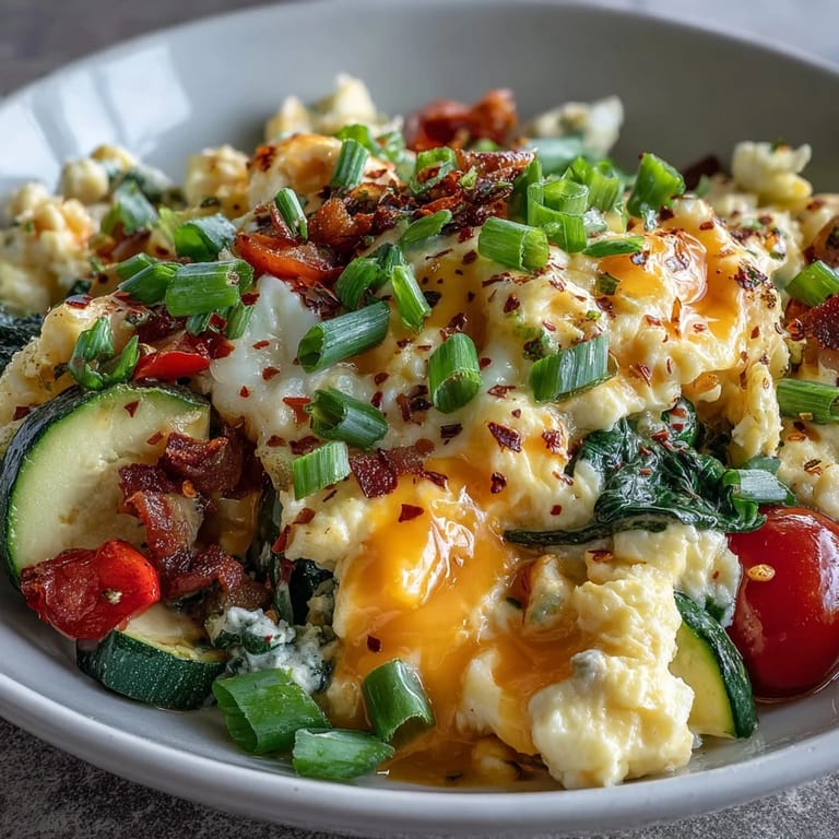 A close up shows fluffy scrambled eggs with peppers, spinach, and tomatoes.