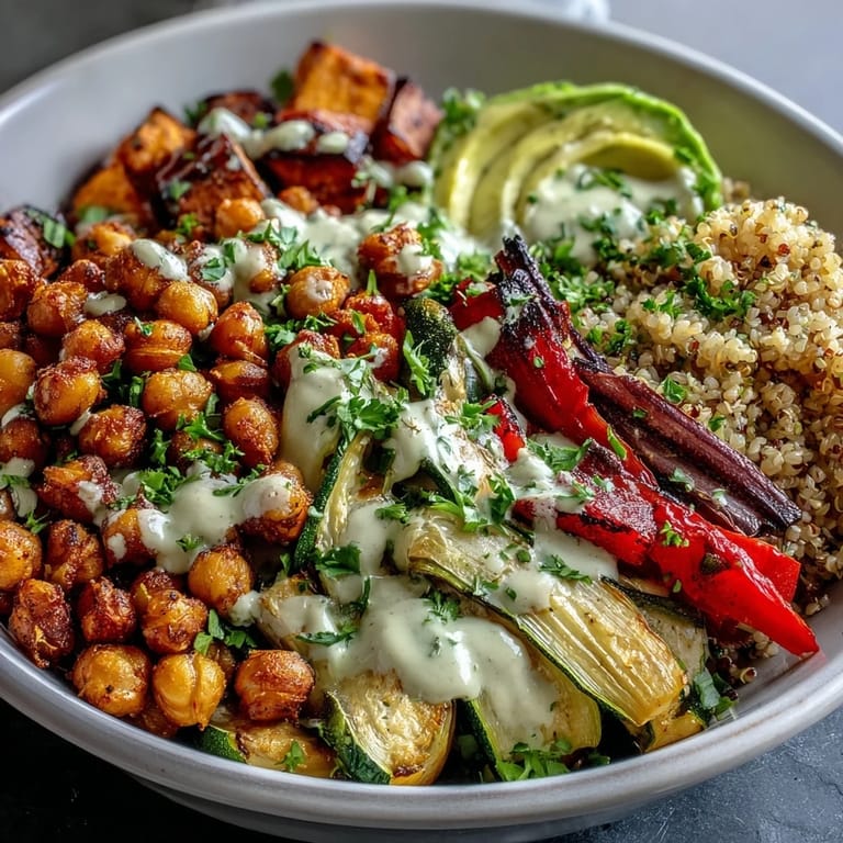 Golden roasted chickpeas and zesty veggies over fluffy grains in this Roasted Chickpea Power Bowl with a drizzle of tahini.