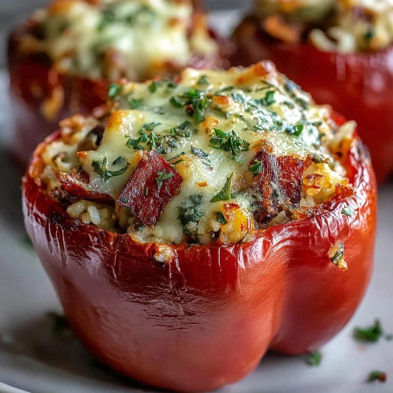 Roasted bell peppers overflowing with savory black-eyed pea and rice filling, ready to be served alongside a crisp side salad.