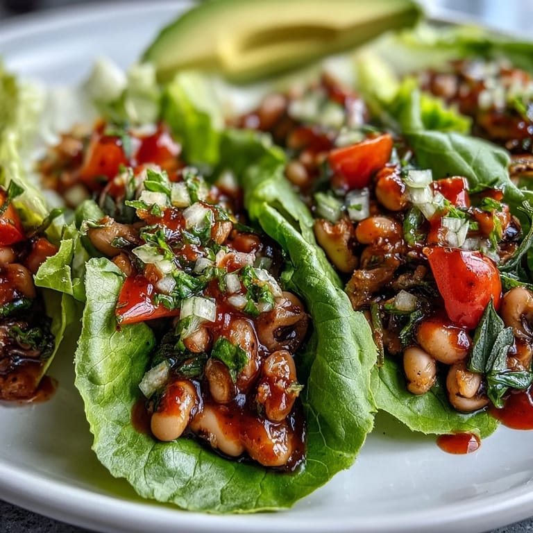 Ready-to-eat Black-Eyed Pea Lettuce Wraps garnished with cherry tomatoes and green onions, served with optional hot sauce on the side.