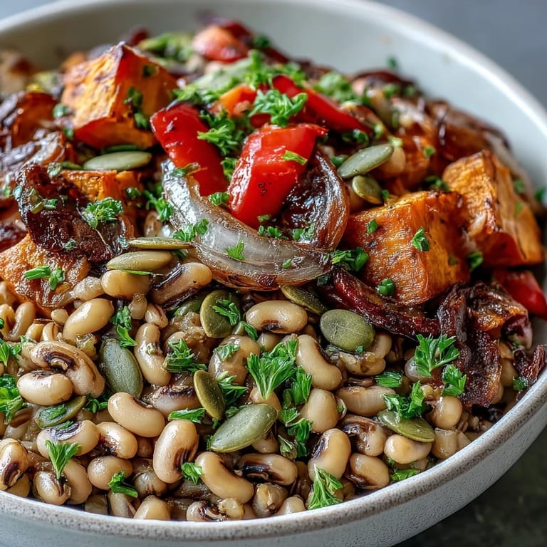 Close-up of a nourishing Black-Eyed Pea Grain Bowl with lemon wedge and toasted pumpkin seeds.