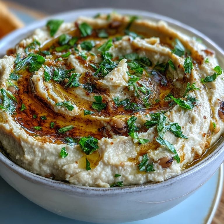 A rustic bowl of smashed black-eyed peas drizzled with olive oil and lemon, perfect with grilled chicken.