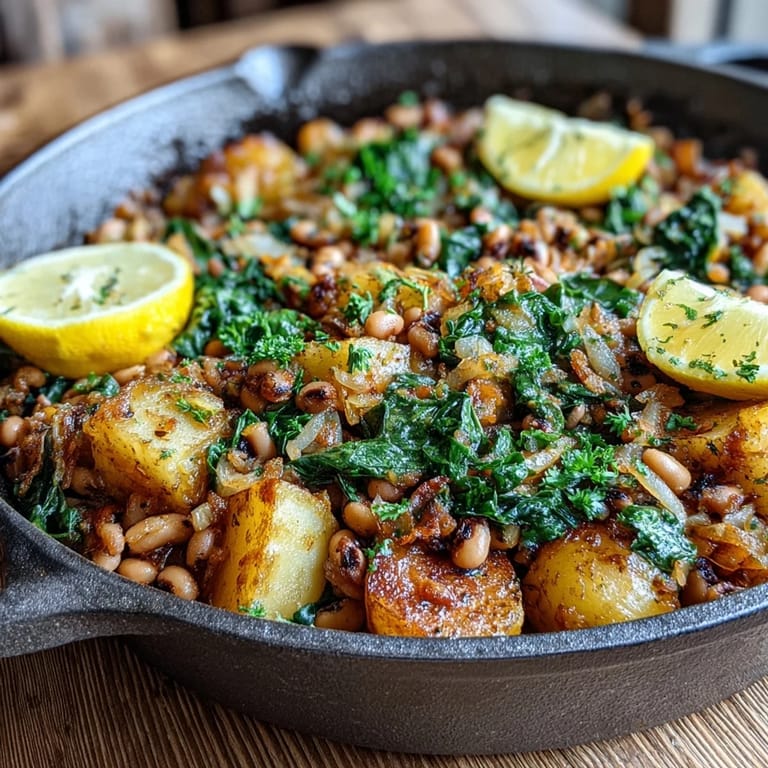Savory Black-Eyed Pea Skillet Dinner bubbling with smoked paprika and sweet onions in a rustic kitchen.