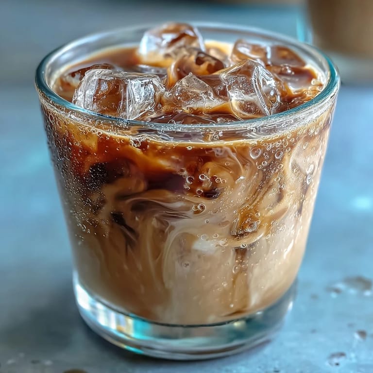 Creamy milk slowly poured over chilled roasted green tea to create a beautifully layered Iced Hojicha Latte.