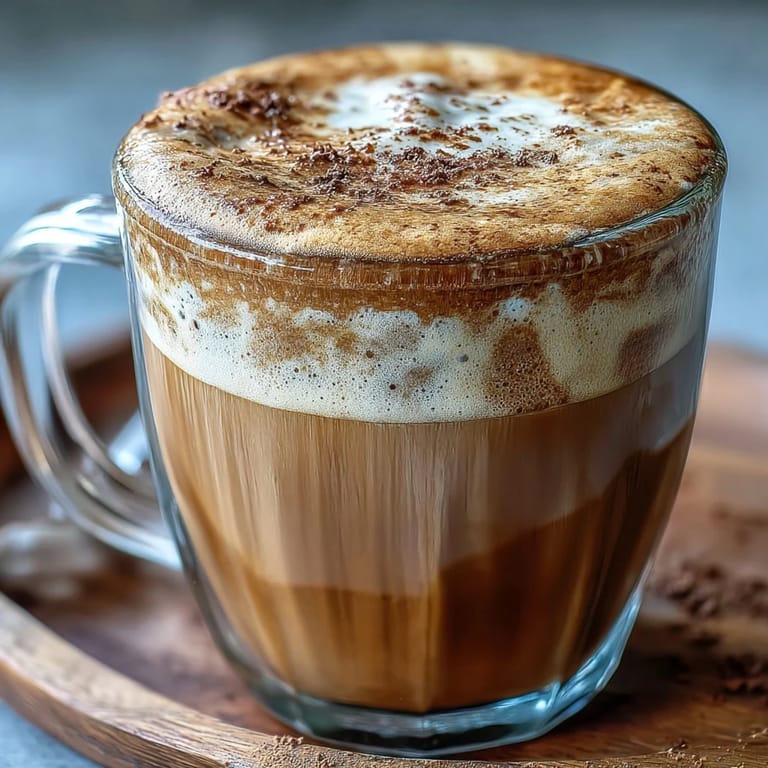 Steaming hot hojicha latte in a cozy mug, its warm caramel hue complementing a rustic wooden background.