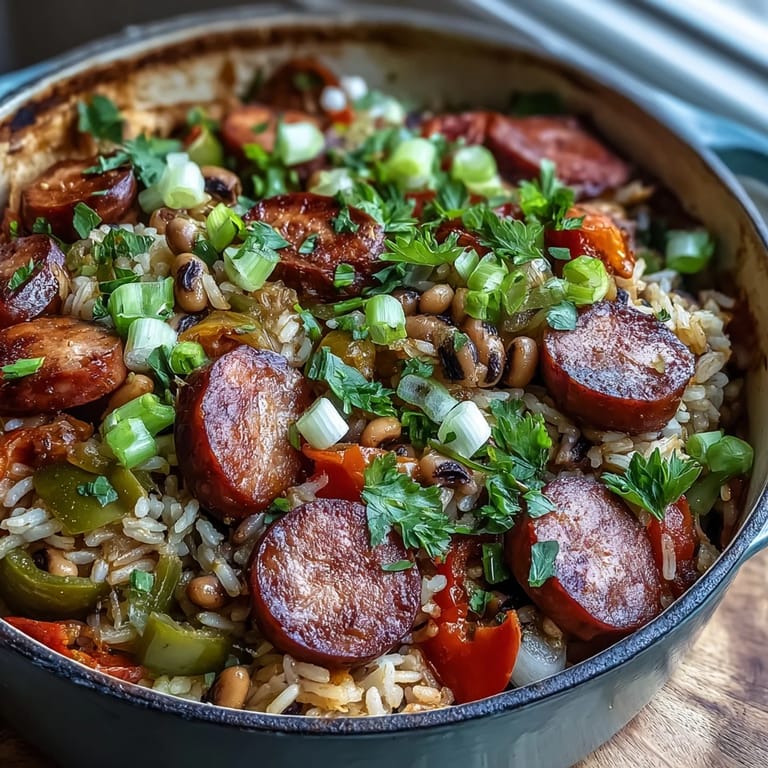 Steaming pot of Black-Eyed Pea Jambalaya featuring Andouille sausage, tomatoes, and cayenne spice